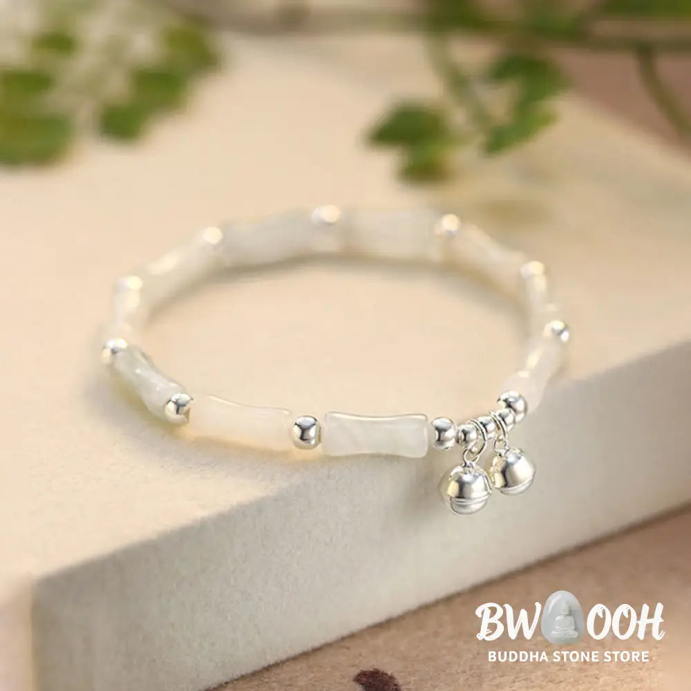 Buddha Stones 925 Sterling Silver Natural White Jade Bamboo Bell Charm Luck Happiness Bracelet - BWOOOH - Hetian White