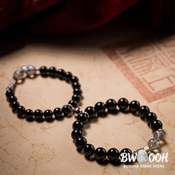 BWOOOH 925 Sterling Silver Obsidian Moonstone Strength Couple Bracelet | spiritual healing bracelet