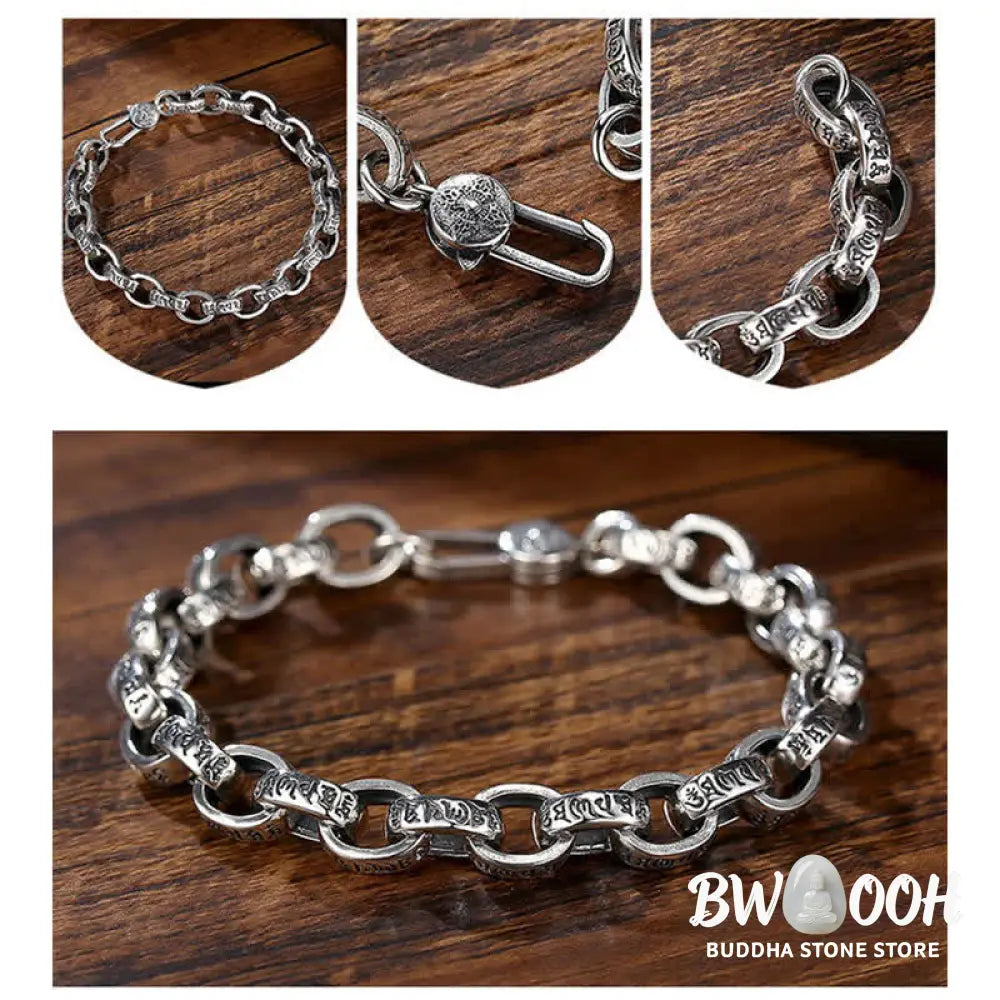 Buddha Stones 925 Sterling Silver Om Mani Padme Hum Engraved Peace Bracelet Bangle - BWOOOH - 21cm - Bracelet