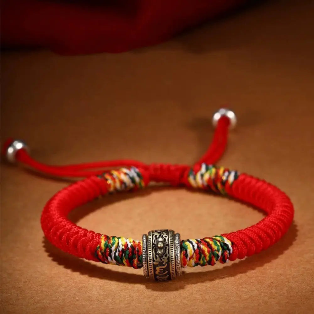 Buddha Stones 925 Sterling Silver Om Mani Padme Hum King Kong Knot Faith Bracelet - BWOOOH - Red(Wrist Circumference: