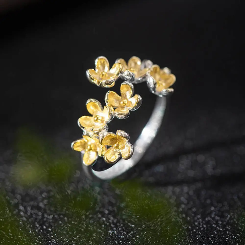 Buddha Stones 925 Sterling Silver Osmanthus Fragrans Ring - Golden - Ring