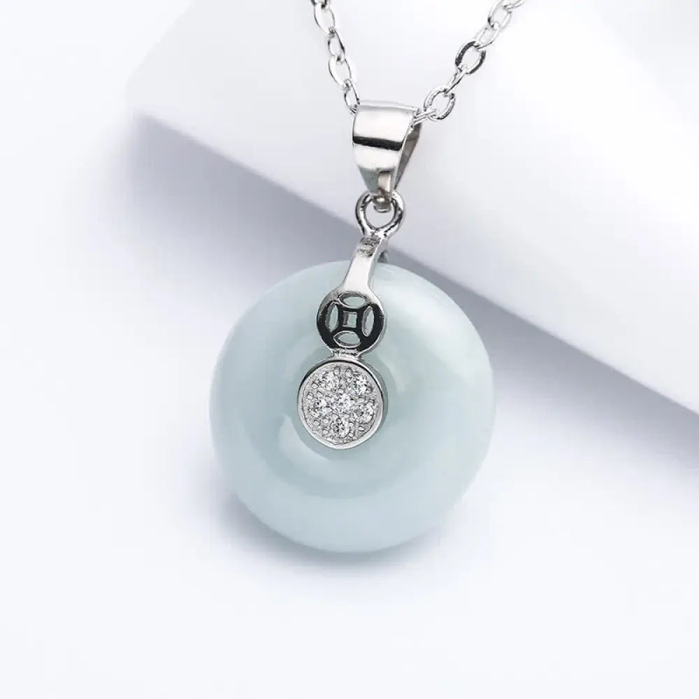 BWOOOH 925 Sterling Silver Peace Buckle jade disc and coin charm pendant necklace for luck and safety