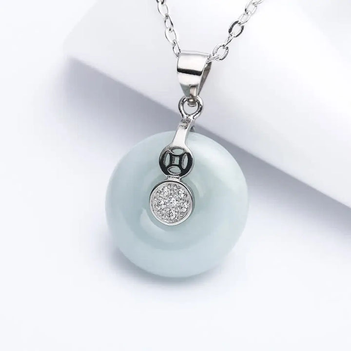 BWOOOH 925 Sterling Silver Peace Buckle jade disc and coin charm pendant necklace for luck and safety