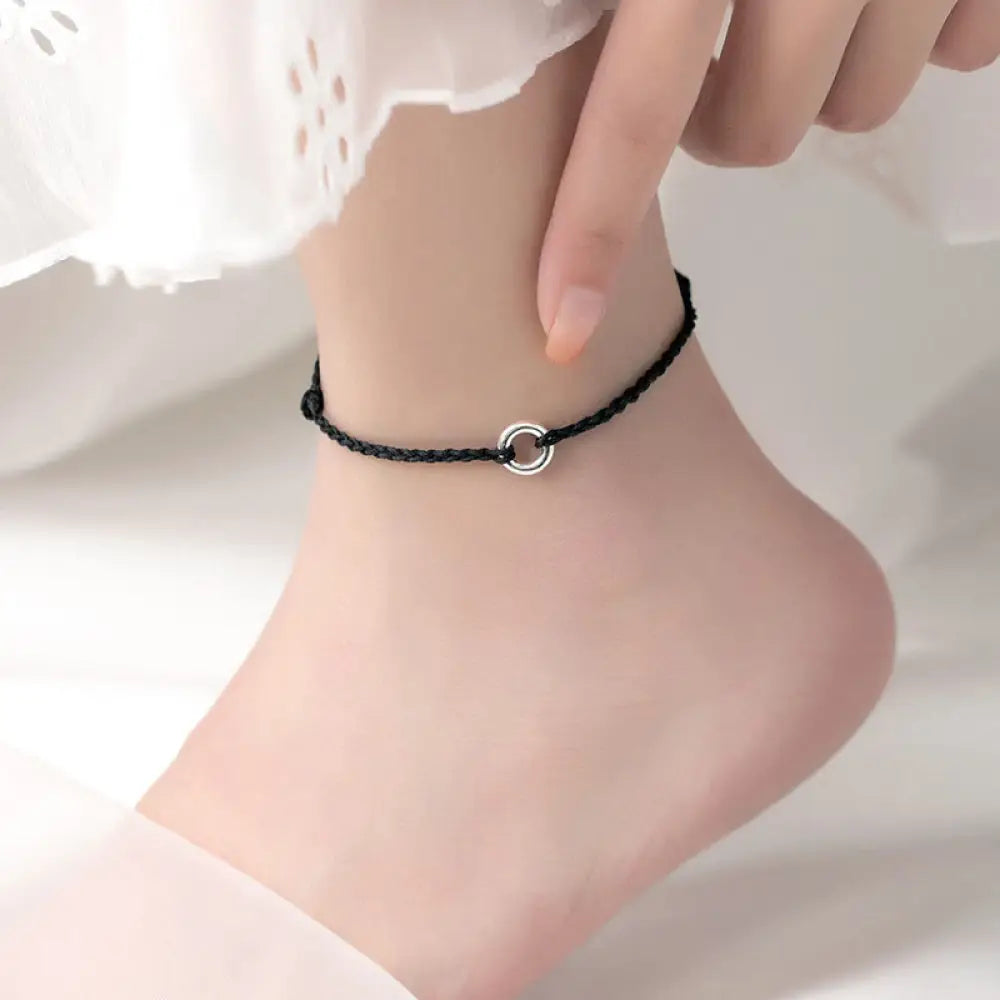 Buddha Stones 925 Sterling Silver Peace Buckle Luck String Braid Rope Anklet - Black Anklet(Circumference 30cm) - Anklet