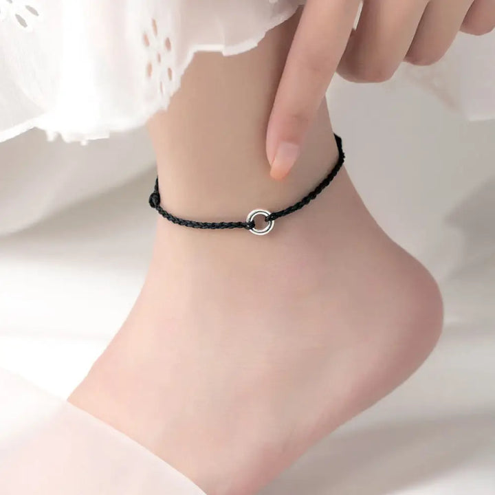 Buddha Stones 925 Sterling Silver Peace Buckle Luck String Braid Rope Anklet - Black Anklet(Circumference 30cm) - Anklet