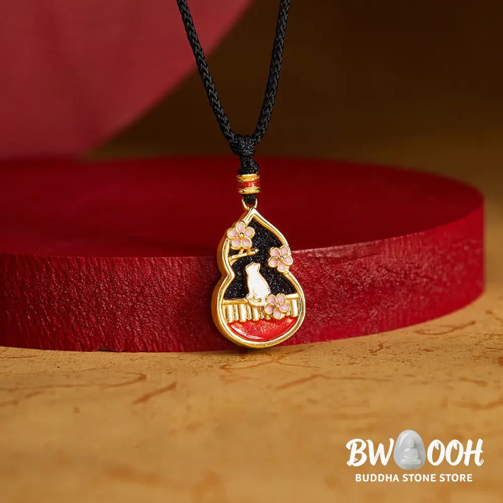 Buddha Stones 925 Sterling Silver Peach Blossom Cat Gourd Pattern Protection Necklace Pendant - BWOOOH - 925 Sterling