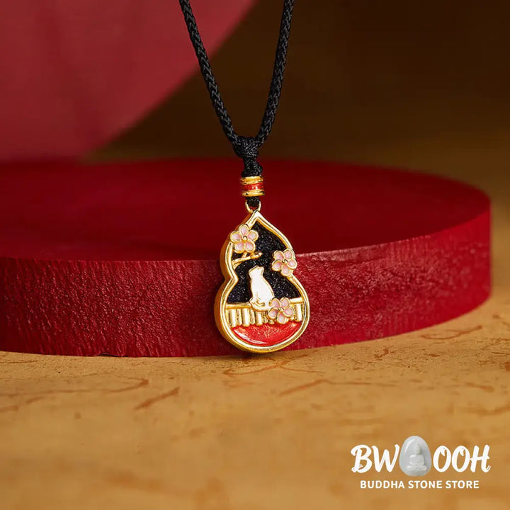Buddha Stones 925 Sterling Silver Peach Blossom Cat Gourd Pattern Protection Necklace Pendant - BWOOOH - 925 Sterling