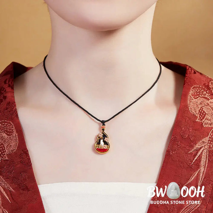 Buddha Stones 925 Sterling Silver Peach Blossom Cat Gourd Pattern Protection Necklace Pendant - BWOOOH - 925 Sterling