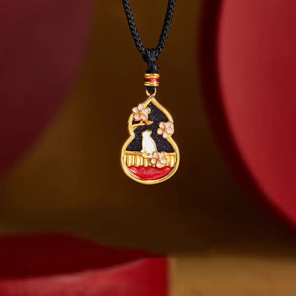 Buddha Stones 925 Sterling Silver Peach Blossom Cat Gourd Pattern Protection Necklace Pendant - BWOOOH - 925 Sterling
