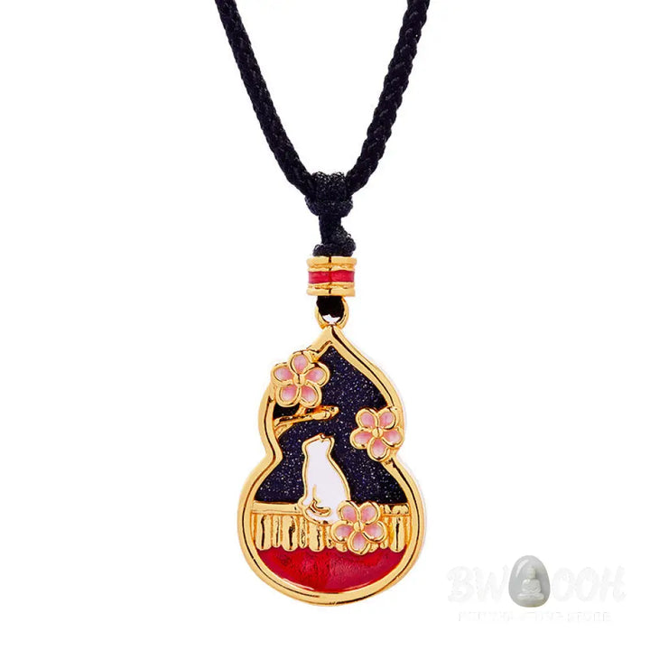 Buddha Stones 925 Sterling Silver Peach Blossom Cat Gourd Pattern Protection Necklace Pendant - BWOOOH - 925 Sterling