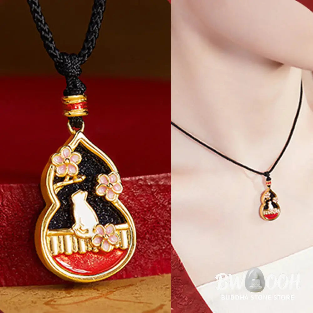 Buddha Stones 925 Sterling Silver Peach Blossom Cat Gourd Pattern Protection Necklace Pendant - BWOOOH - 925 Sterling