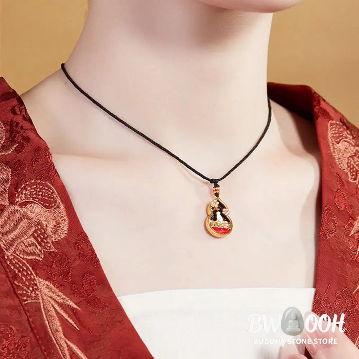 Buddha Stones 925 Sterling Silver Peach Blossom Cat Gourd Pattern Protection Necklace Pendant - BWOOOH - 925 Sterling