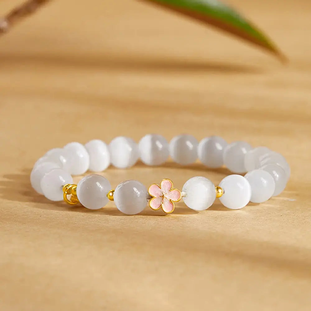 Buddha Stones 925 Sterling Silver Peach Blossom Lucky Bag White Cat’s Eye Luck Bracelet - White Cat’s Eye(Wrist