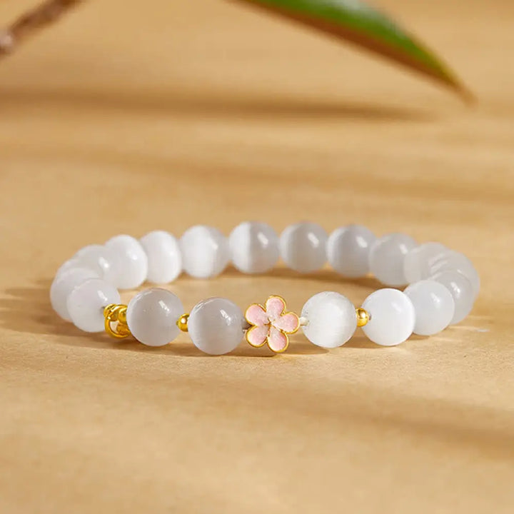 Buddha Stones 925 Sterling Silver Peach Blossom Lucky Bag White Cat’s Eye Luck Bracelet - White Cat’s Eye(Wrist