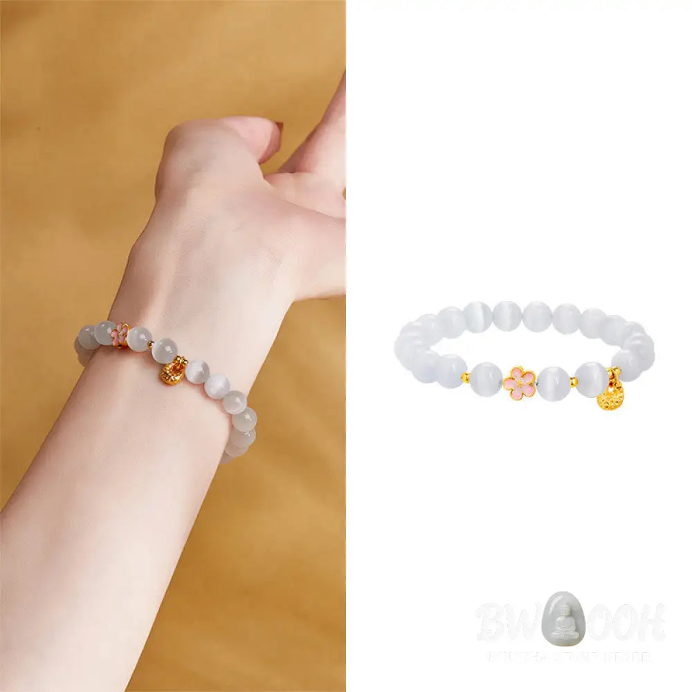 Buddha Stones 925 Sterling Silver Peach Blossom Lucky Bag White Cat’s Eye Luck Bracelet - White Cat’s Eye(Wrist