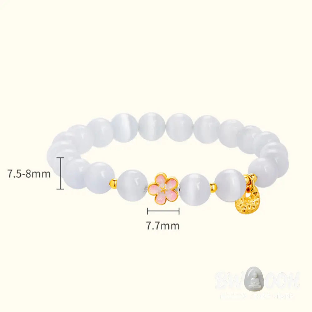 Buddha Stones 925 Sterling Silver Peach Blossom Lucky Bag White Cat’s Eye Luck Bracelet - White Cat’s Eye(Wrist
