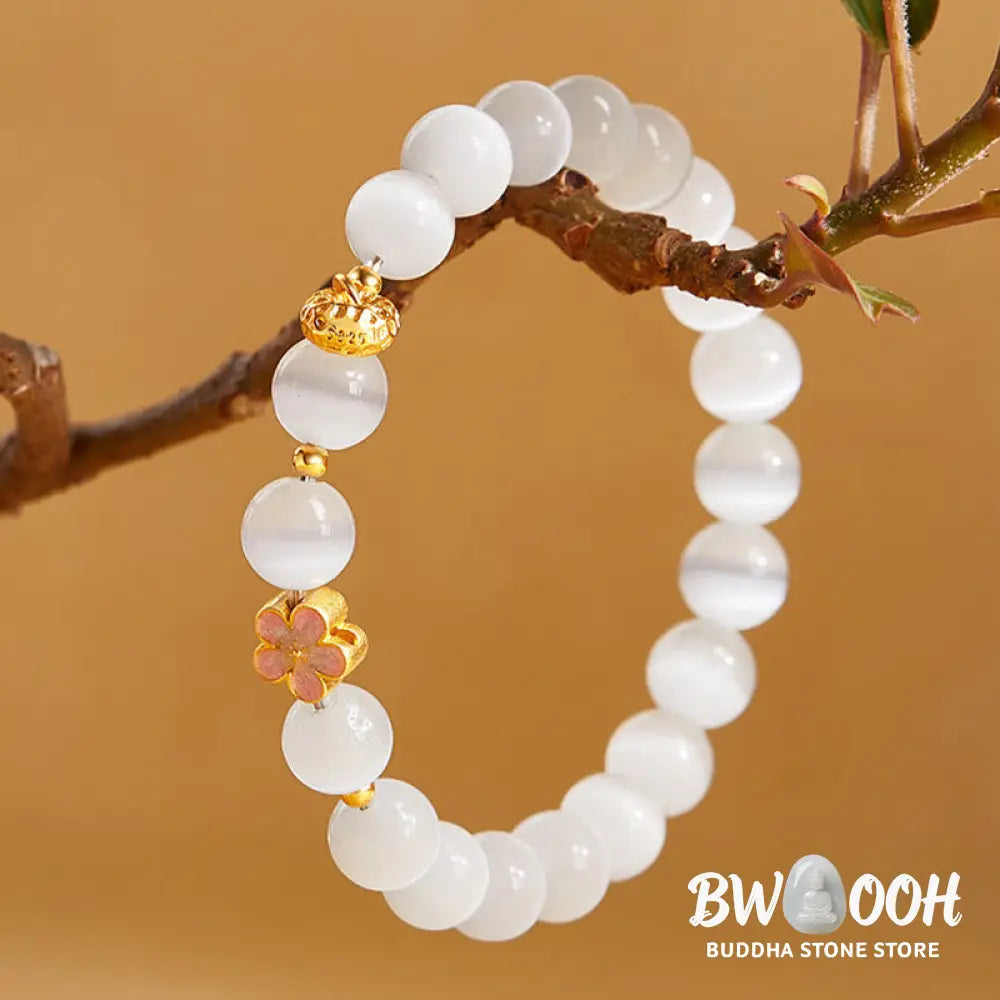 Buddha Stones 925 Sterling Silver Peach Blossom Lucky Bag White Cat’s Eye Luck Bracelet - White Cat’s Eye(Wrist
