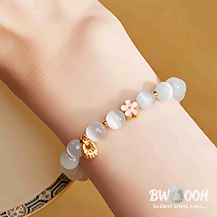 Buddha Stones 925 Sterling Silver Peach Blossom Lucky Bag White Cat’s Eye Luck Bracelet - White Cat’s Eye(Wrist