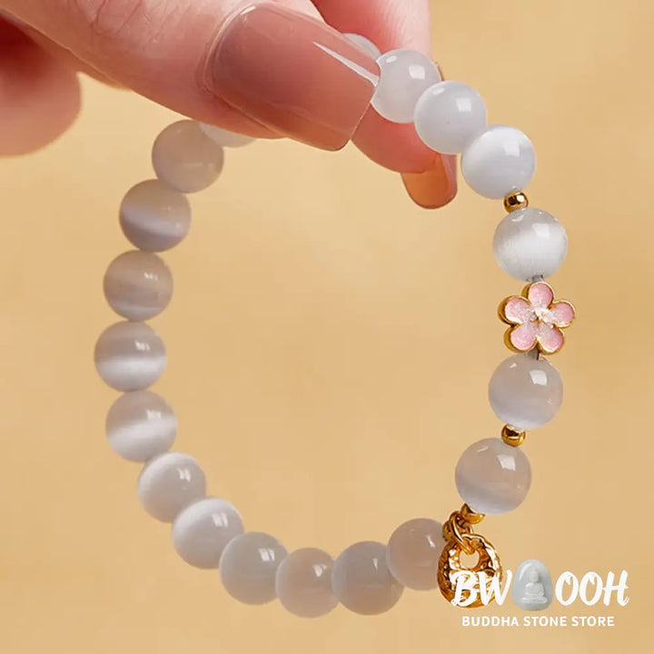Buddha Stones 925 Sterling Silver Peach Blossom Lucky Bag White Cat’s Eye Luck Bracelet - White Cat’s Eye(Wrist