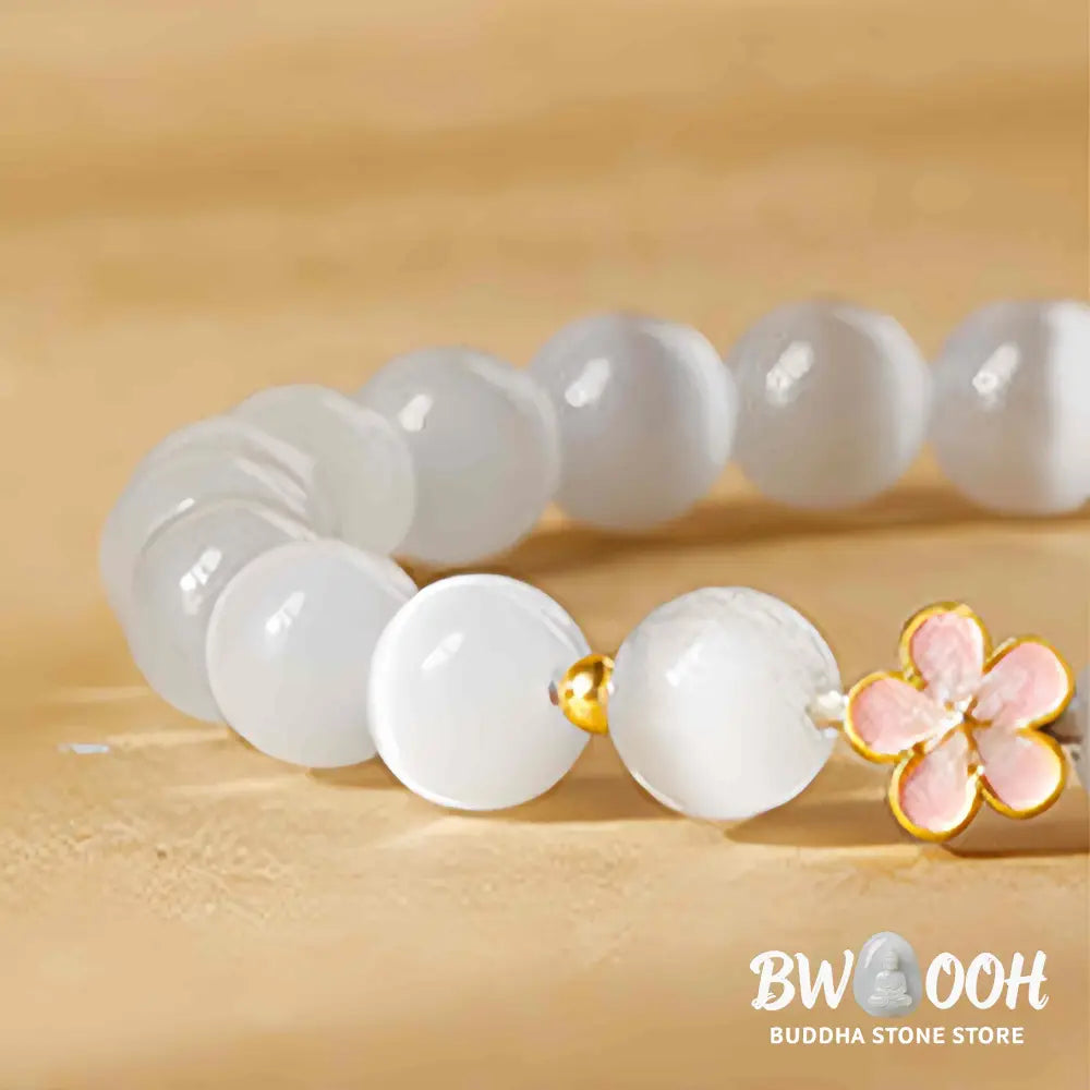Buddha Stones 925 Sterling Silver Peach Blossom Lucky Bag White Cat’s Eye Luck Bracelet - White Cat’s Eye(Wrist