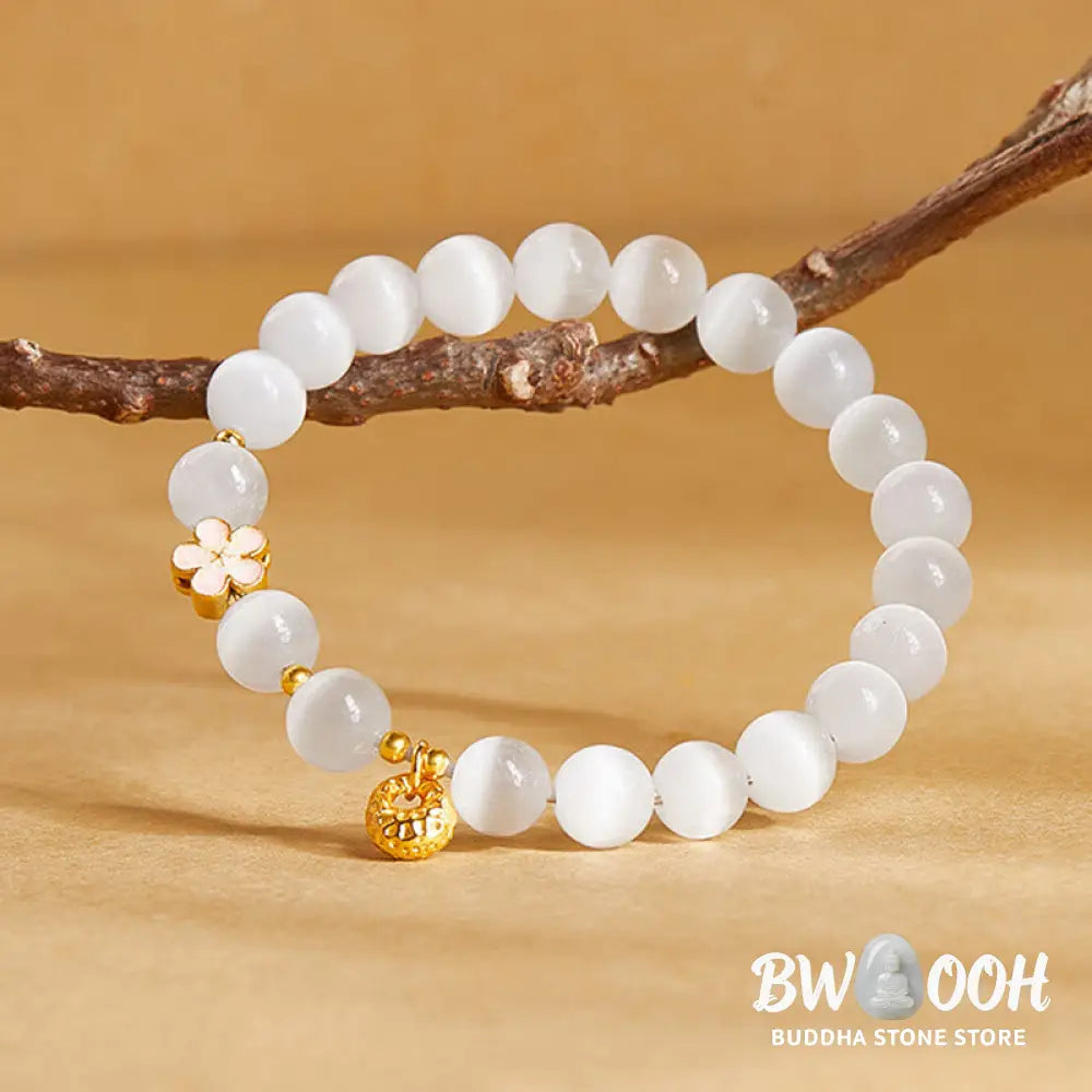 Buddha Stones 925 Sterling Silver Peach Blossom Lucky Bag White Cat’s Eye Luck Bracelet - White Cat’s Eye(Wrist