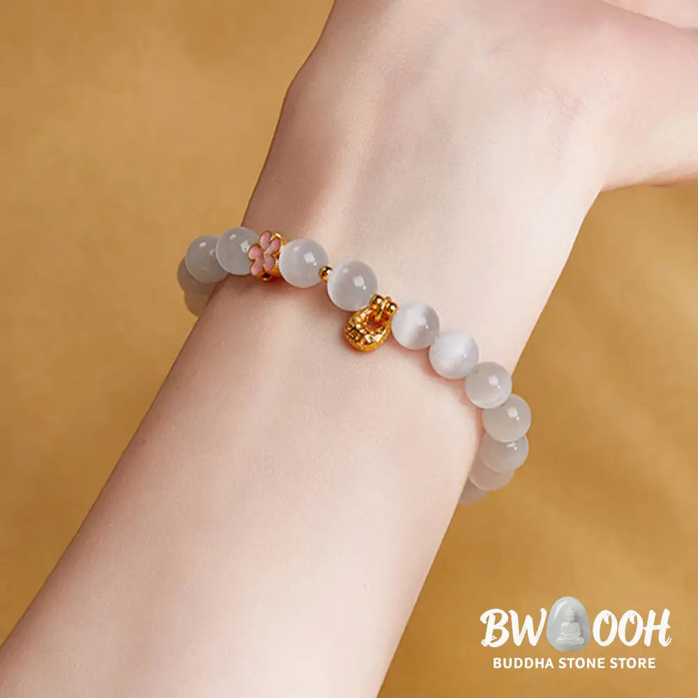 Buddha Stones 925 Sterling Silver Peach Blossom Lucky Bag White Cat’s Eye Luck Bracelet - White Cat’s Eye(Wrist