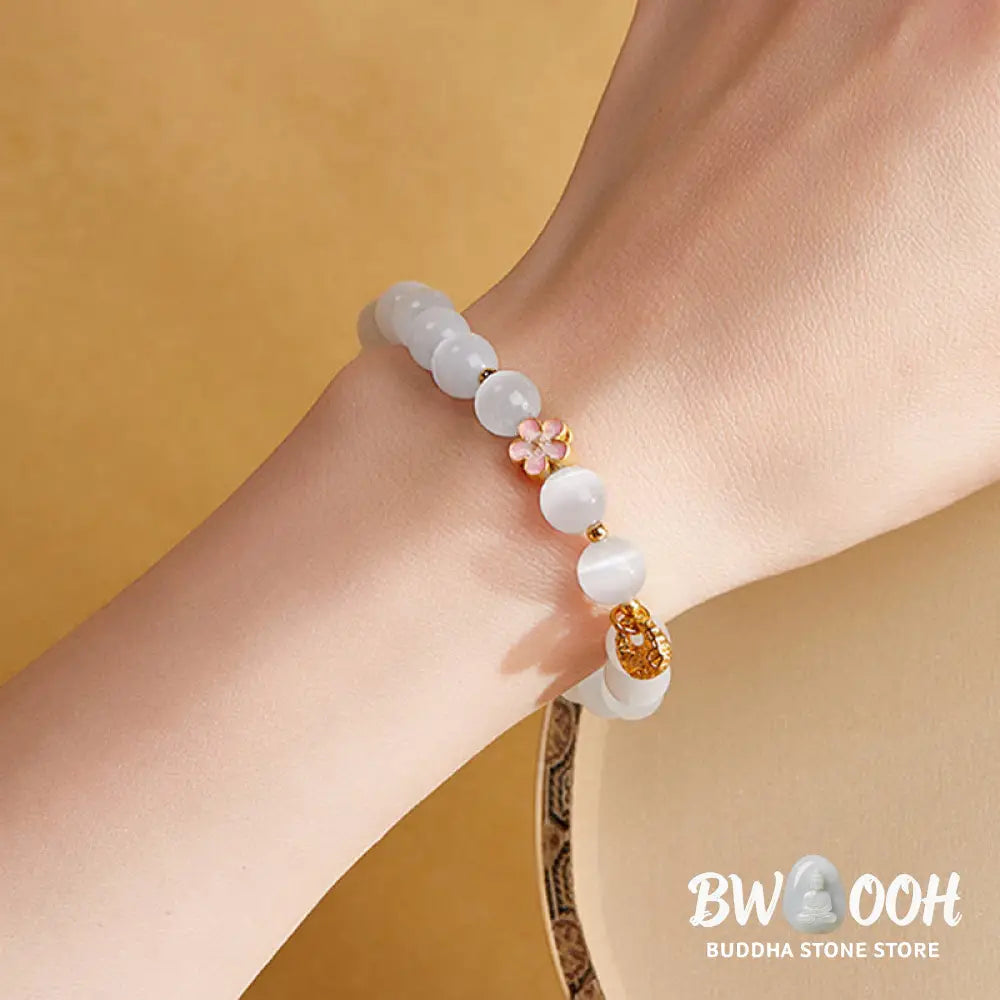 Buddha Stones 925 Sterling Silver Peach Blossom Lucky Bag White Cat’s Eye Luck Bracelet - White Cat’s Eye(Wrist
