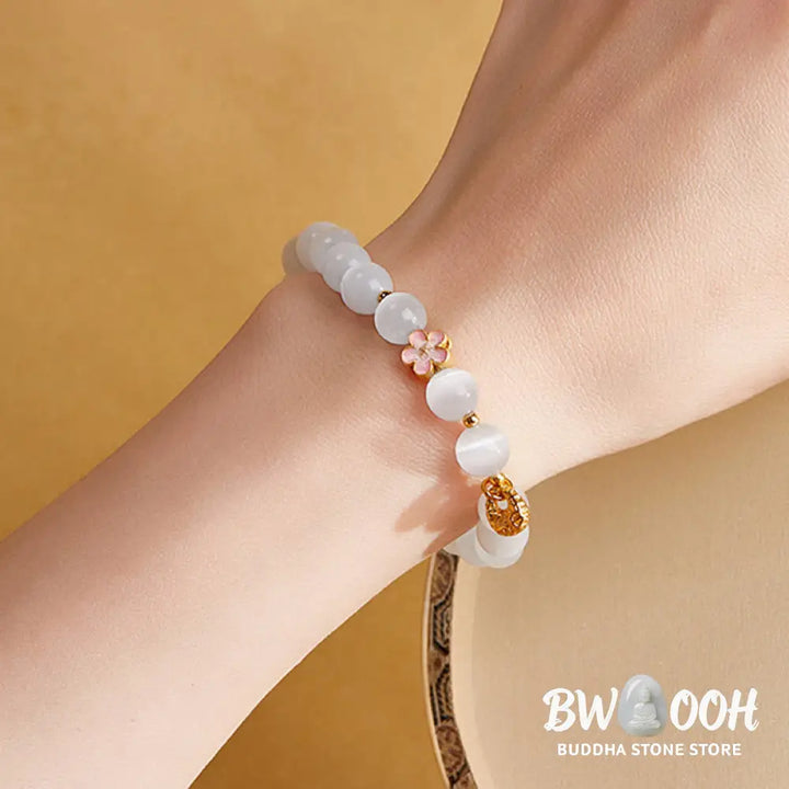 Buddha Stones 925 Sterling Silver Peach Blossom Lucky Bag White Cat’s Eye Luck Bracelet - White Cat’s Eye(Wrist