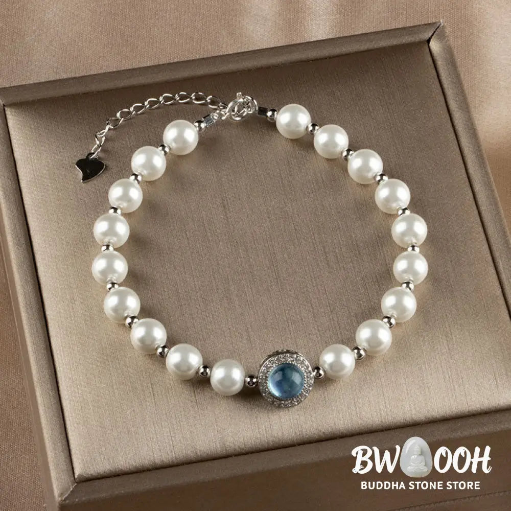Buddha Stones 925 Sterling Silver Pearl Blue Chalcedony Healing Chain Bracelet Ring - BWOOOH - Bracelet