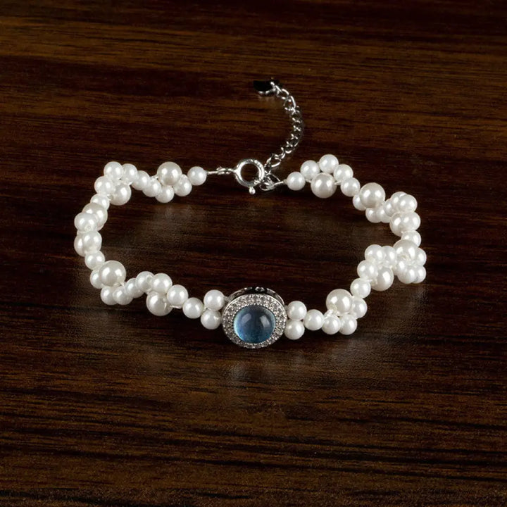 Buddha Stones 925 Sterling Silver Pearl Blue Chalcedony Healing Chain Bracelet Ring - BWOOOH - 3-4mm Pearl