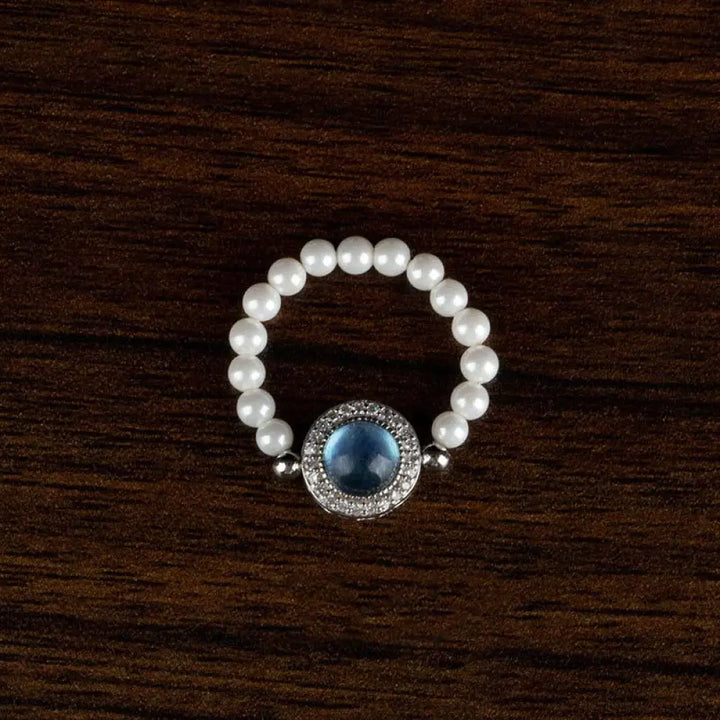 Buddha Stones 925 Sterling Silver Pearl Blue Chalcedony Healing Chain Bracelet Ring - BWOOOH - 3mm Pearl