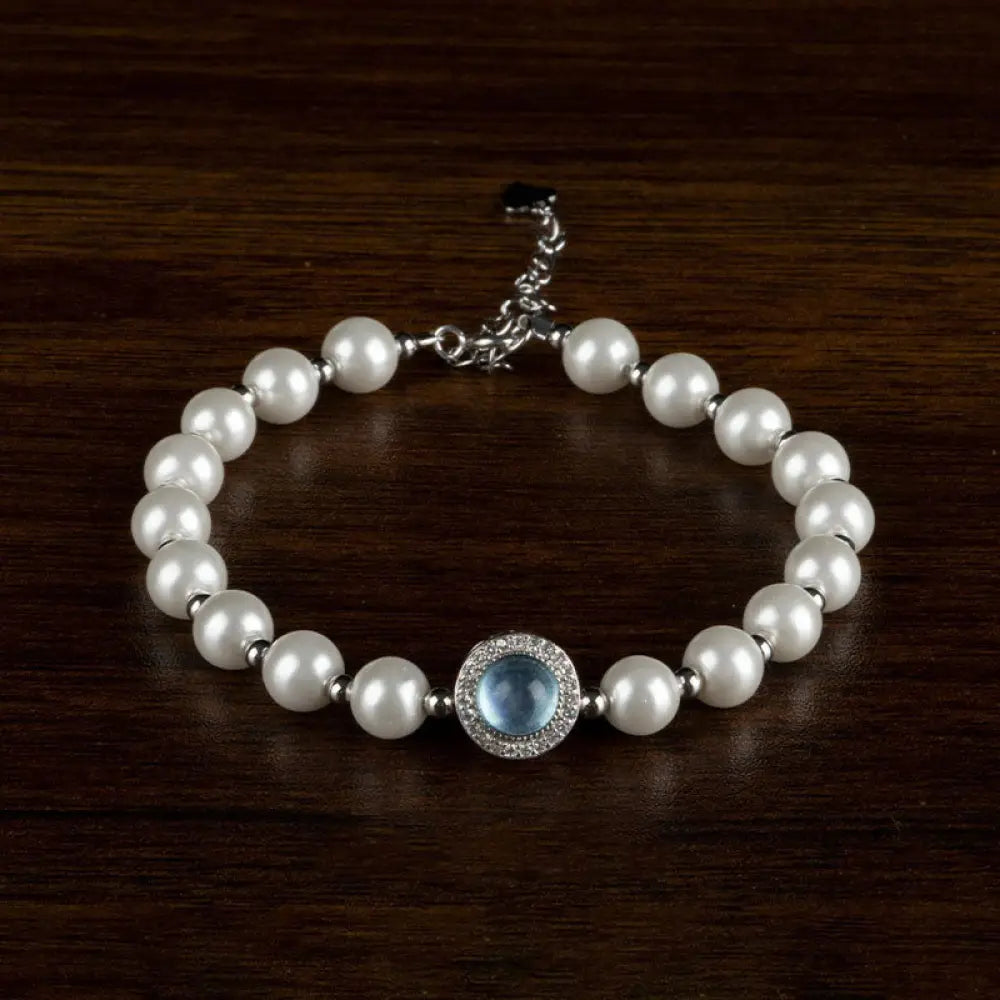 BWOOOH 925 Sterling Silver Pearl Blue Chalcedony Healing Chain Bracelet Ring - BWOOOH - 6mm Pearl Bracelet(Wrist