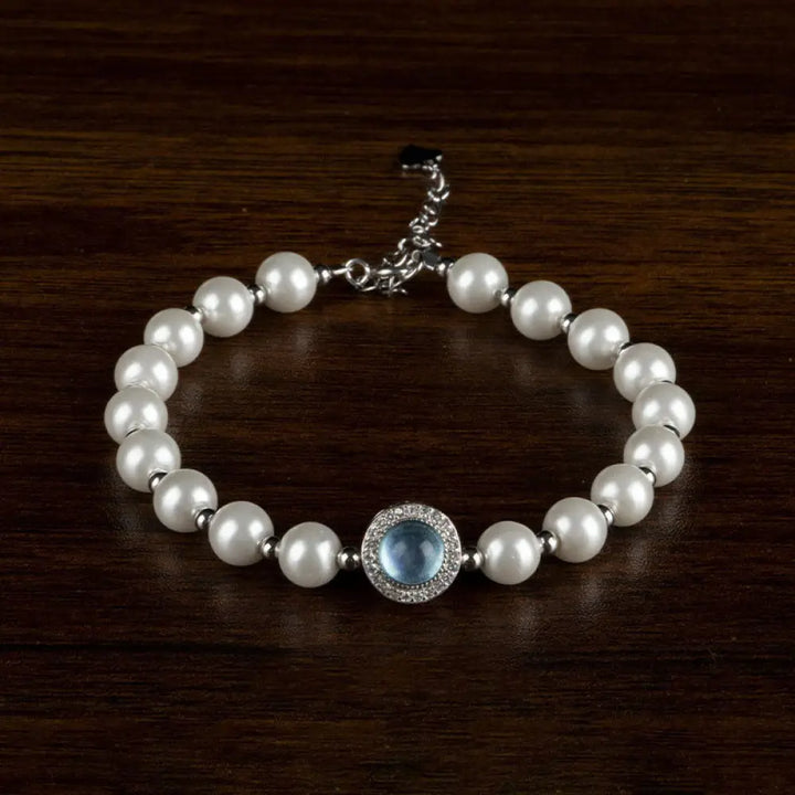 BWOOOH 925 Sterling Silver Pearl Blue Chalcedony Healing Chain Bracelet Ring - BWOOOH - 6mm Pearl Bracelet(Wrist