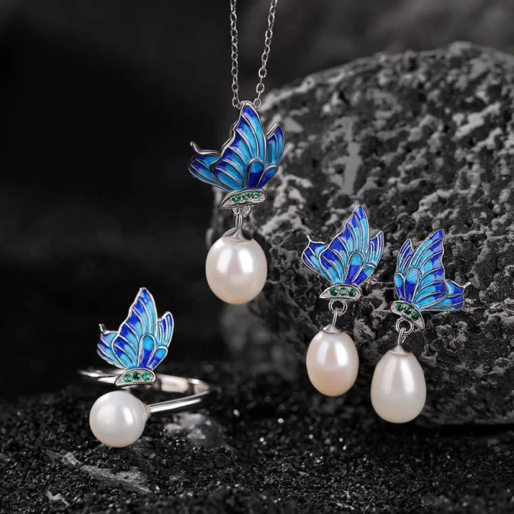 Buddha Stones 925 Sterling Silver Pearl Butterfly Healing Necklace Pendant Earrings Ring - BWOOOH - 3Pcs(Necklace