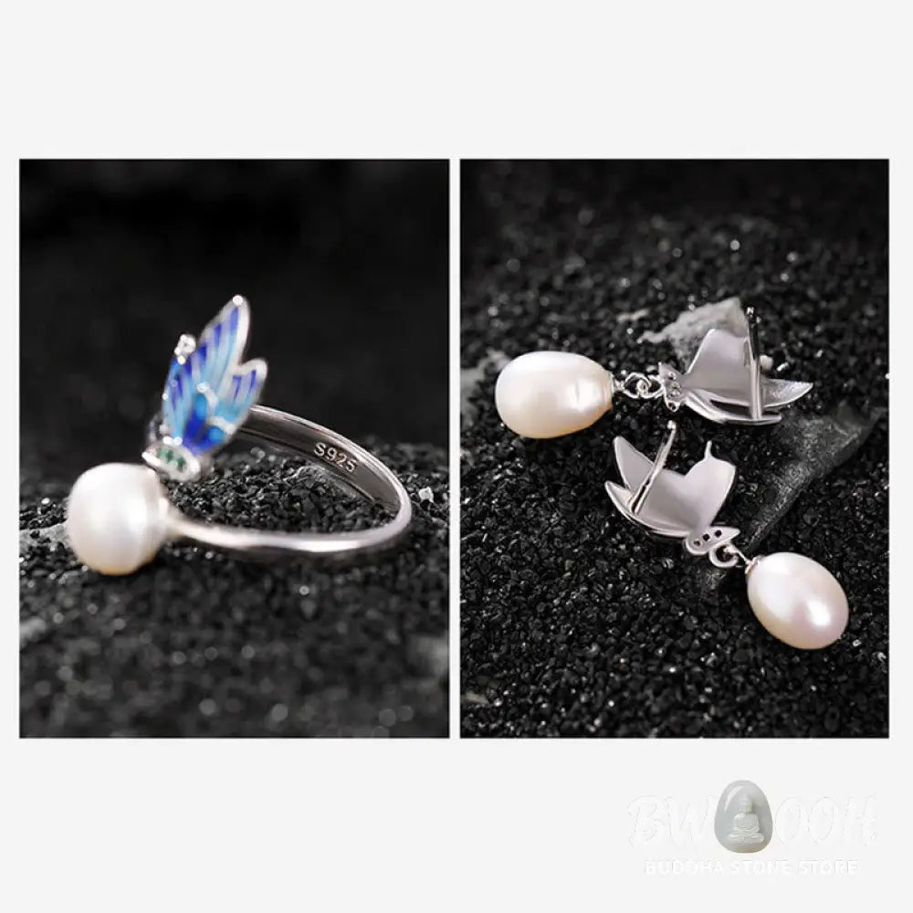 Buddha Stones 925 Sterling Silver Pearl Butterfly Healing Necklace Pendant Earrings Ring - BWOOOH - Bracelet Necklaces