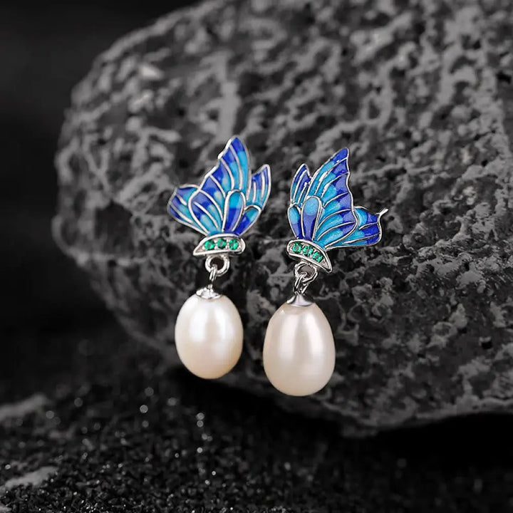 Buddha Stones 925 Sterling Silver Pearl Butterfly Healing Necklace Pendant Earrings Ring - BWOOOH - Earrings - Bracelet