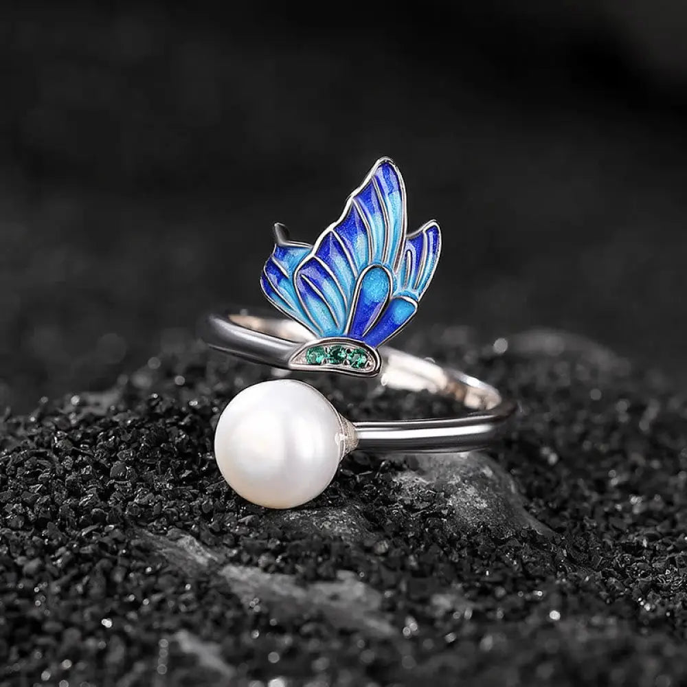 Buddha Stones 925 Sterling Silver Pearl Butterfly Healing Necklace Pendant Earrings Ring - BWOOOH - Ring(Inner