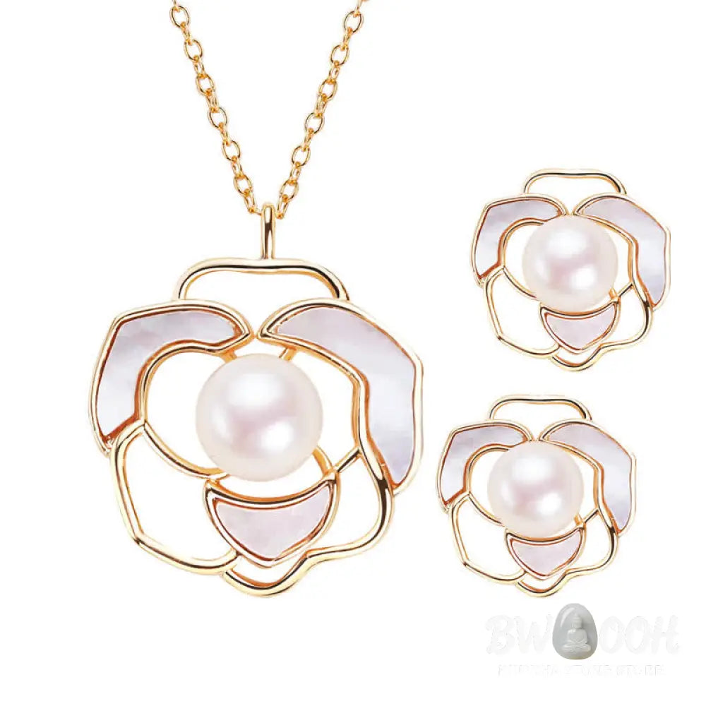Buddha Stones 925 Sterling Silver Pearl Camellia Pattern Happiness Necklace Pendant Earrings - BWOOOH - Necklaces &amp;