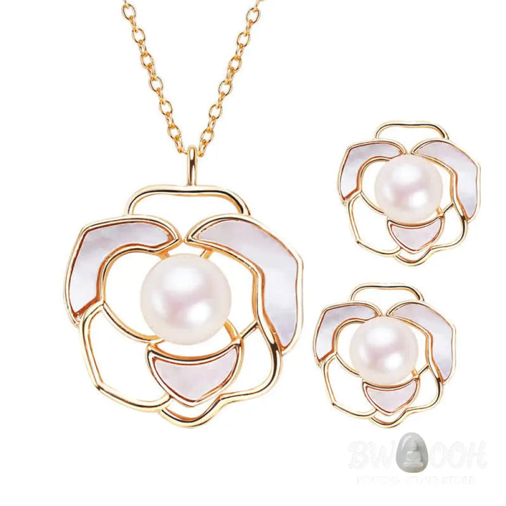 Buddha Stones 925 Sterling Silver Pearl Camellia Pattern Happiness Necklace Pendant Earrings - BWOOOH - Necklaces &amp;