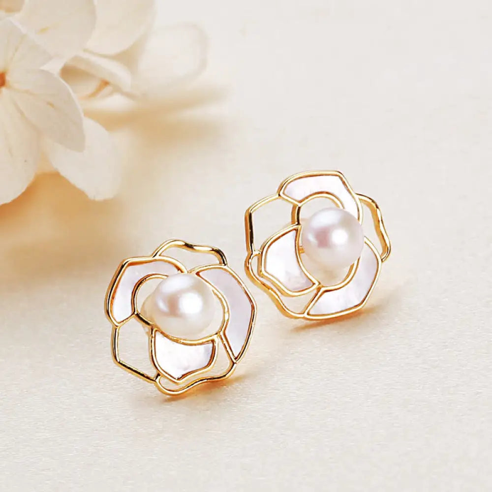 Buddha Stones 925 Sterling Silver Pearl Camellia Pattern Happiness Necklace Pendant Earrings - BWOOOH - Earrings