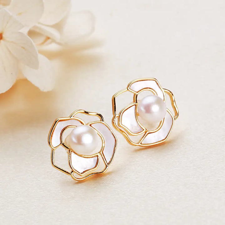 Buddha Stones 925 Sterling Silver Pearl Camellia Pattern Happiness Necklace Pendant Earrings - BWOOOH - Earrings