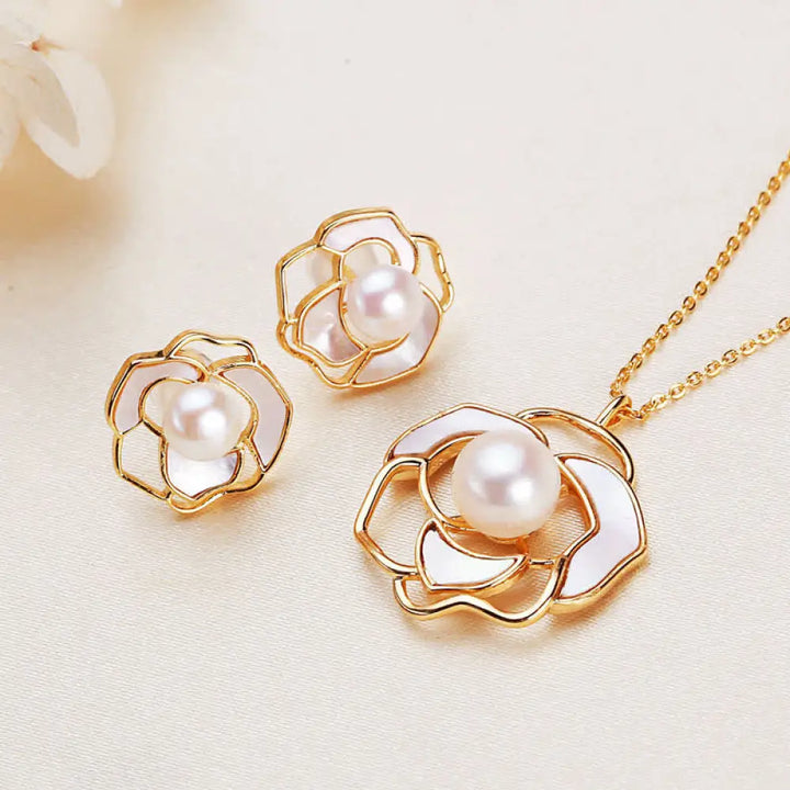 BWOOOH 925 Sterling Silver Pearl Camellia Pattern Happiness Necklace Pendant and Earrings set — natural pearl in silver camellia design, spiritual jewelry for women