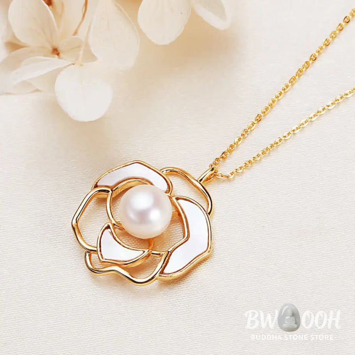 Buddha Stones 925 Sterling Silver Pearl Camellia Pattern Happiness Necklace Pendant Earrings - BWOOOH - Necklaces &amp;