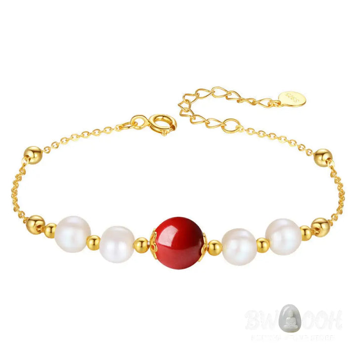 Buddha Stones 925 Sterling Silver Pearl Cinnabar Healing Bead Chain Bracelet - BWOOOH - Pearl&amp;Cinnabar - Bracelet
