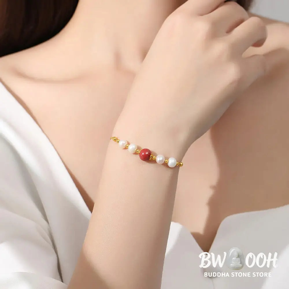 Buddha Stones 925 Sterling Silver Pearl Cinnabar Healing Bead Chain Bracelet - BWOOOH - Pearl&amp;Cinnabar - Bracelet