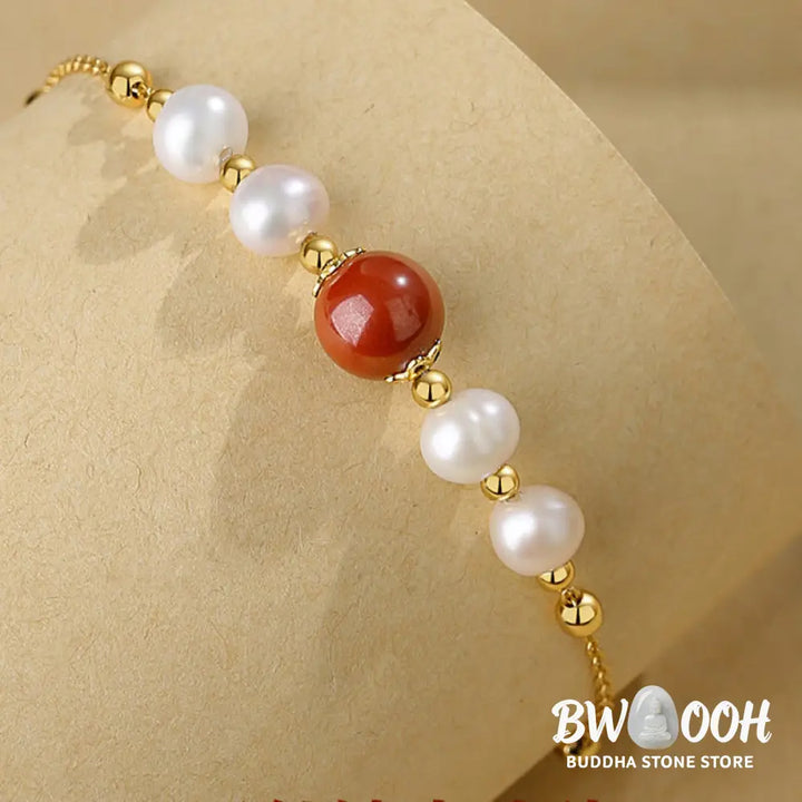 Buddha Stones 925 Sterling Silver Pearl Cinnabar Healing Bead Chain Bracelet - BWOOOH - Pearl&amp;Cinnabar - Bracelet