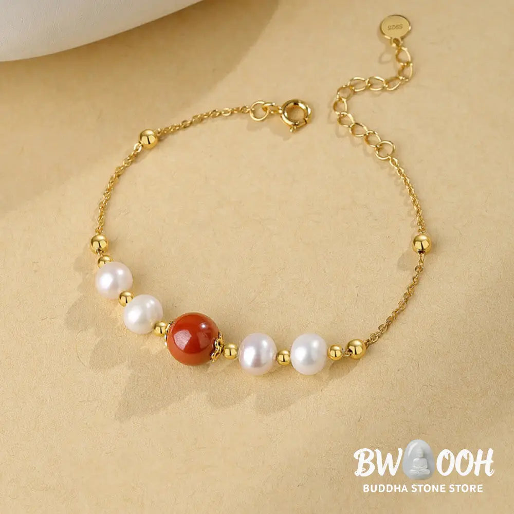 Buddha Stones 925 Sterling Silver Pearl Cinnabar Healing Bead Chain Bracelet - BWOOOH - Pearl&Cinnabar - Bracelet