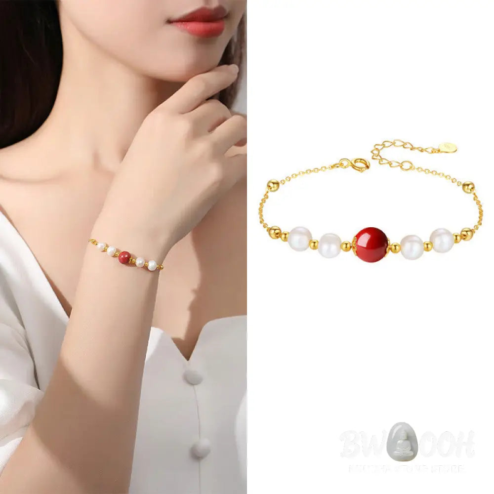 Buddha Stones 925 Sterling Silver Pearl Cinnabar Healing Bead Chain Bracelet - BWOOOH - Pearl&amp;Cinnabar - Bracelet