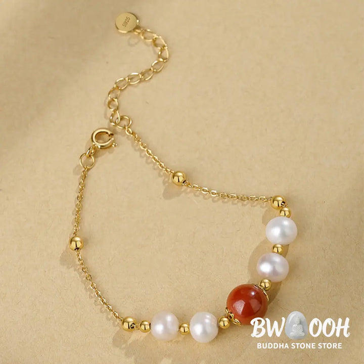 Buddha Stones 925 Sterling Silver Pearl Cinnabar Healing Bead Chain Bracelet - BWOOOH - Pearl&amp;Cinnabar - Bracelet