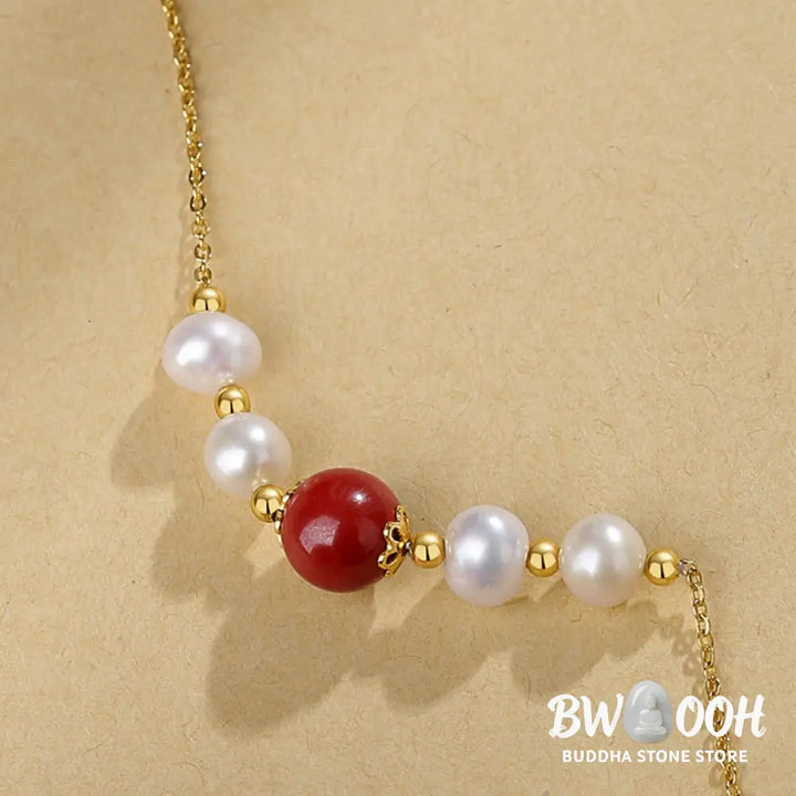 Buddha Stones 925 Sterling Silver Pearl Cinnabar Sincerity Healing Bead Chain Necklace Pendant - BWOOOH